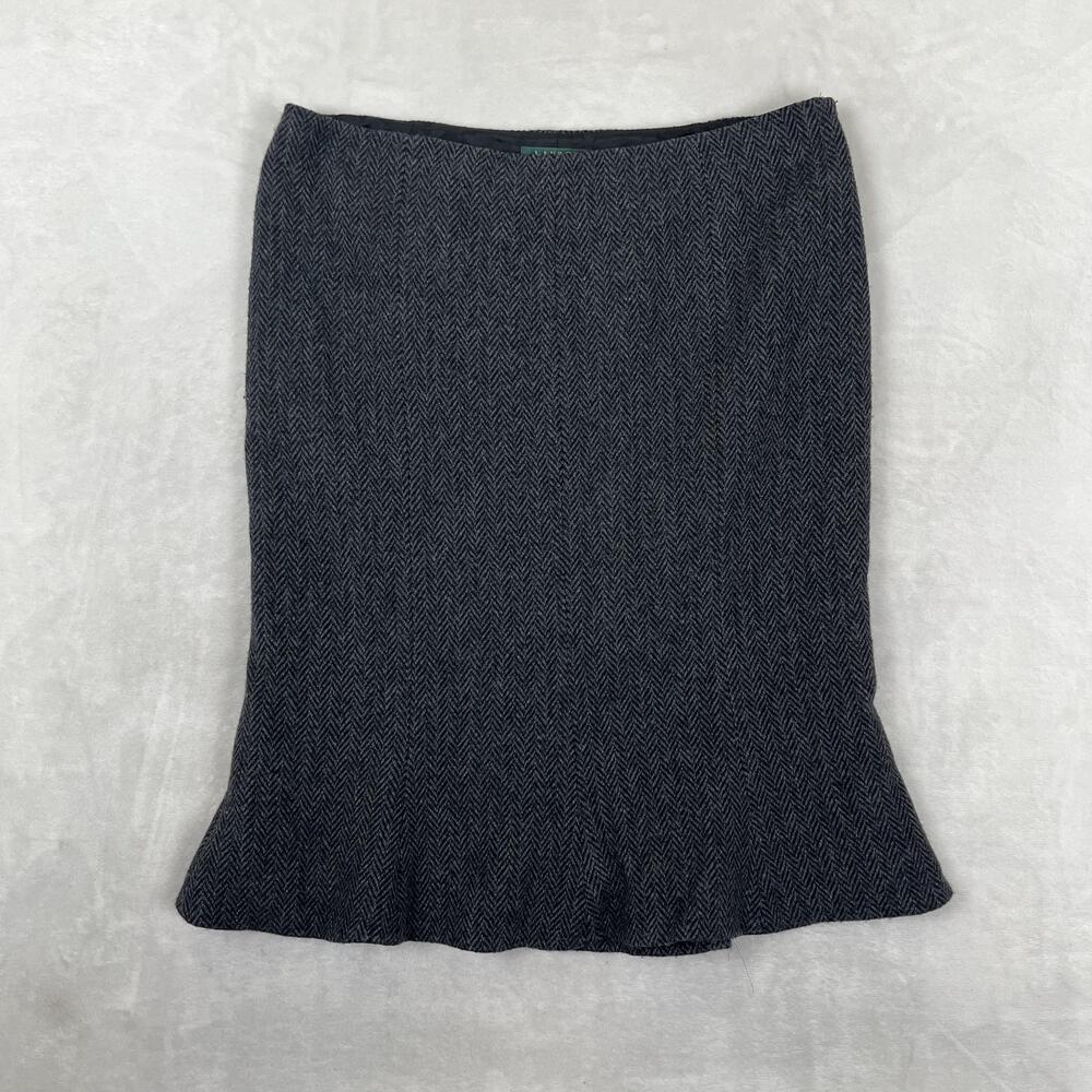 Lauren Ralph Lauren Skirt Womens 12 Gray Wool Herringbone Knee Length Lined